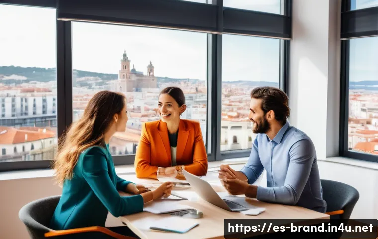 브랜드 커뮤니케이션 직무와 브랜딩 전략 수립 - A vibrant marketing team in a modern office setting, collaborating around a large table filled with ...
