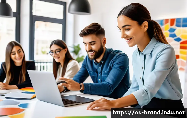 브랜드 커뮤니케이션 실무 프로젝트 경험 - A modern digital marketing team collaborating in a bright, open office space in Madrid, Spain. Diver...