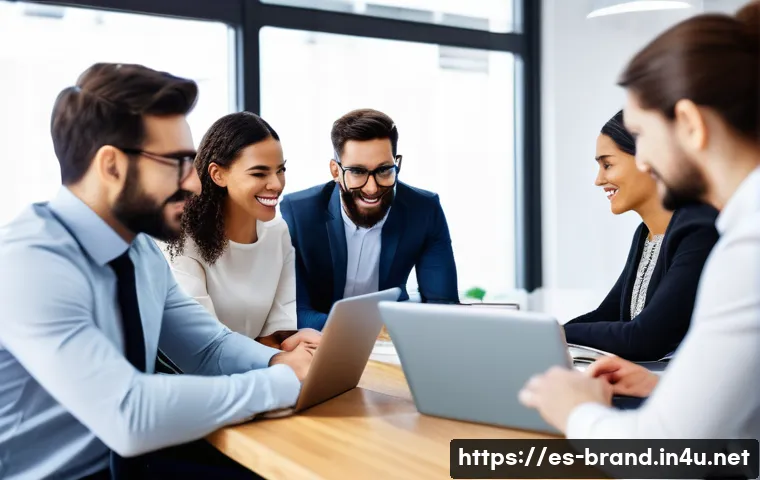 브랜드 커뮤니케이션 직무에서의 소통 스킬 - A diverse group of marketing professionals in a modern, bright office space engaged in a collaborati...