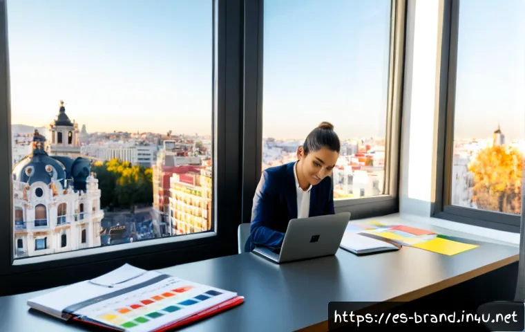 Home 17 브랜드 커뮤니케이션 직무와 트렌드 학습법 - Photorealistic modern brand communications strategist in a bright Madrid coworking studio, reviewing...